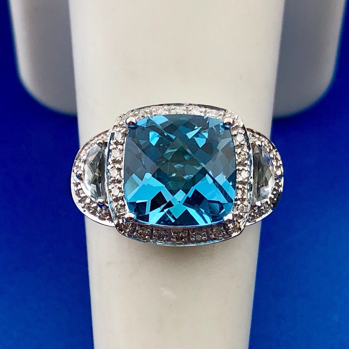 Stunning 14K White Gold Blue Topaz Diamond Aquamarine Accent Statement Ring