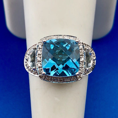 Stunning 14K White Gold Blue Topaz Diamond Aquamarine Accent Statement Ring