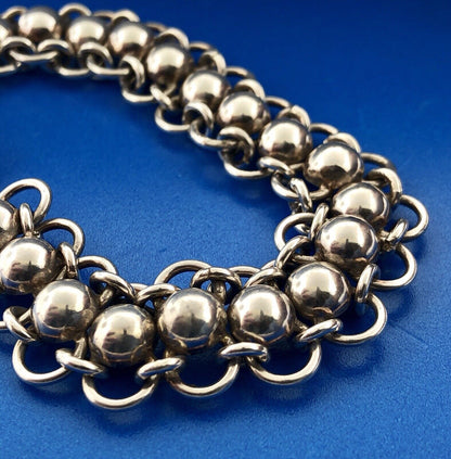 Vintage Sterling Silver 925 Bead Ball Open Work Statement Toggle Bracelet