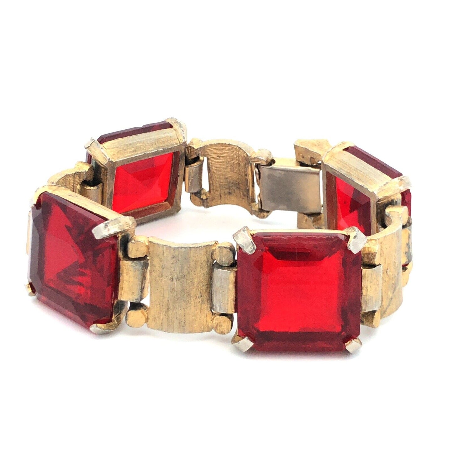 Chunky Funky 70's Runway Couture Gold Tone Square Red Glass Modernist Bracelet