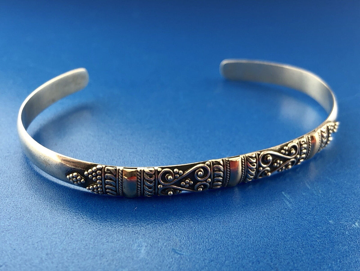 Designer Sterling Silver 18K Yellow Gold Dot Bead Scroll Work Bangle Bracelet