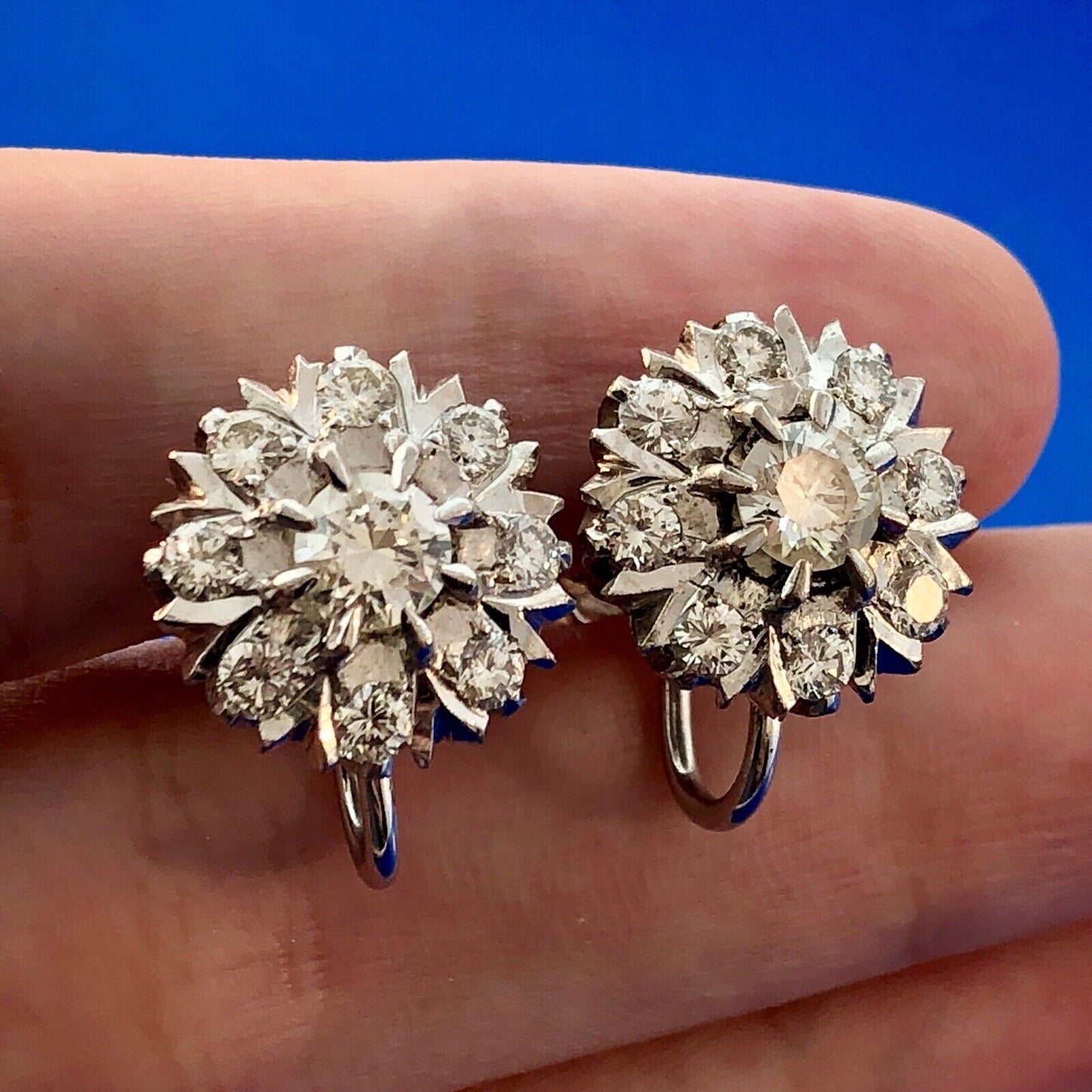 Art Deco Art Nouveau 14K White Gold Diamond Floral Starburst Screw Back Earrings