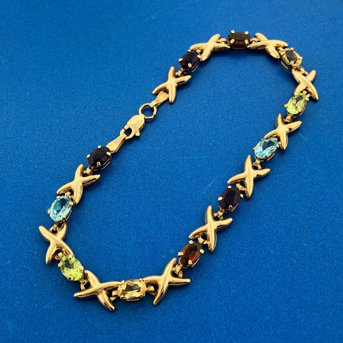 Fabulous Designer 10K Yellow Gold Colorful Multi Gemstone X & O Tennis Bracelet