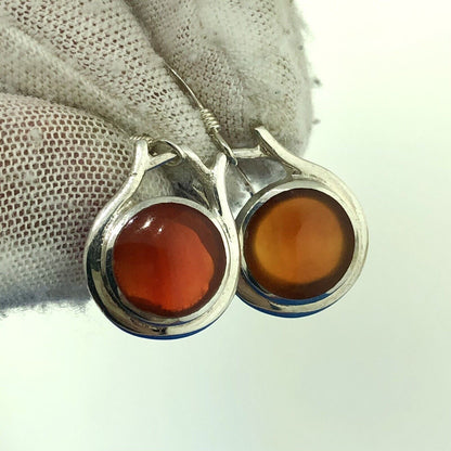 Stunning Sterling Silver 925 Cabochon Amber Circular Dangle Hook Earrings