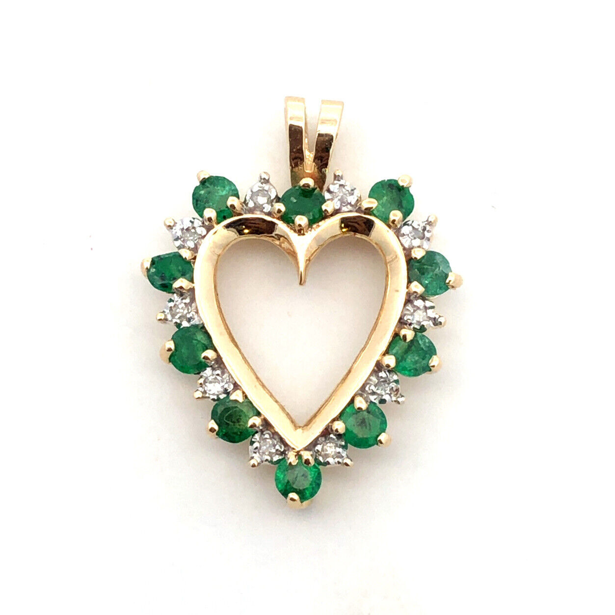 Vintage 10K Yellow Gold Round Emerald Diamond Accent Heart Anniversary Pendant
