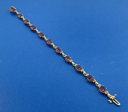Vintage 10K Yellow Gold Oval Amethyst Panel February Anniversary Tennis Bracelet