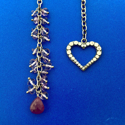 Charming Sterling Silver Ruby Amethyst Bead Heart Lariat Adjustable Necklace