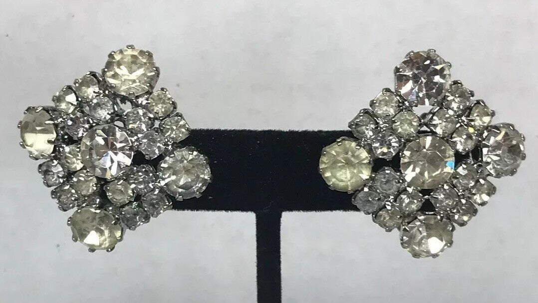 Vintage Signed Weiss Paste Rhinestone Square Shaped Silver Tone Clip Earrings