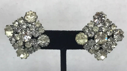 Vintage Signed Weiss Paste Rhinestone Square Shaped Silver Tone Clip Earrings