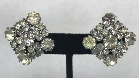 Vintage Signed Weiss Paste Rhinestone Square Shaped Silver Tone Clip Earrings