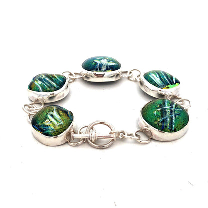Artisan Sterling Silver Green Dichroic Glass Statement Toggle Bracelet