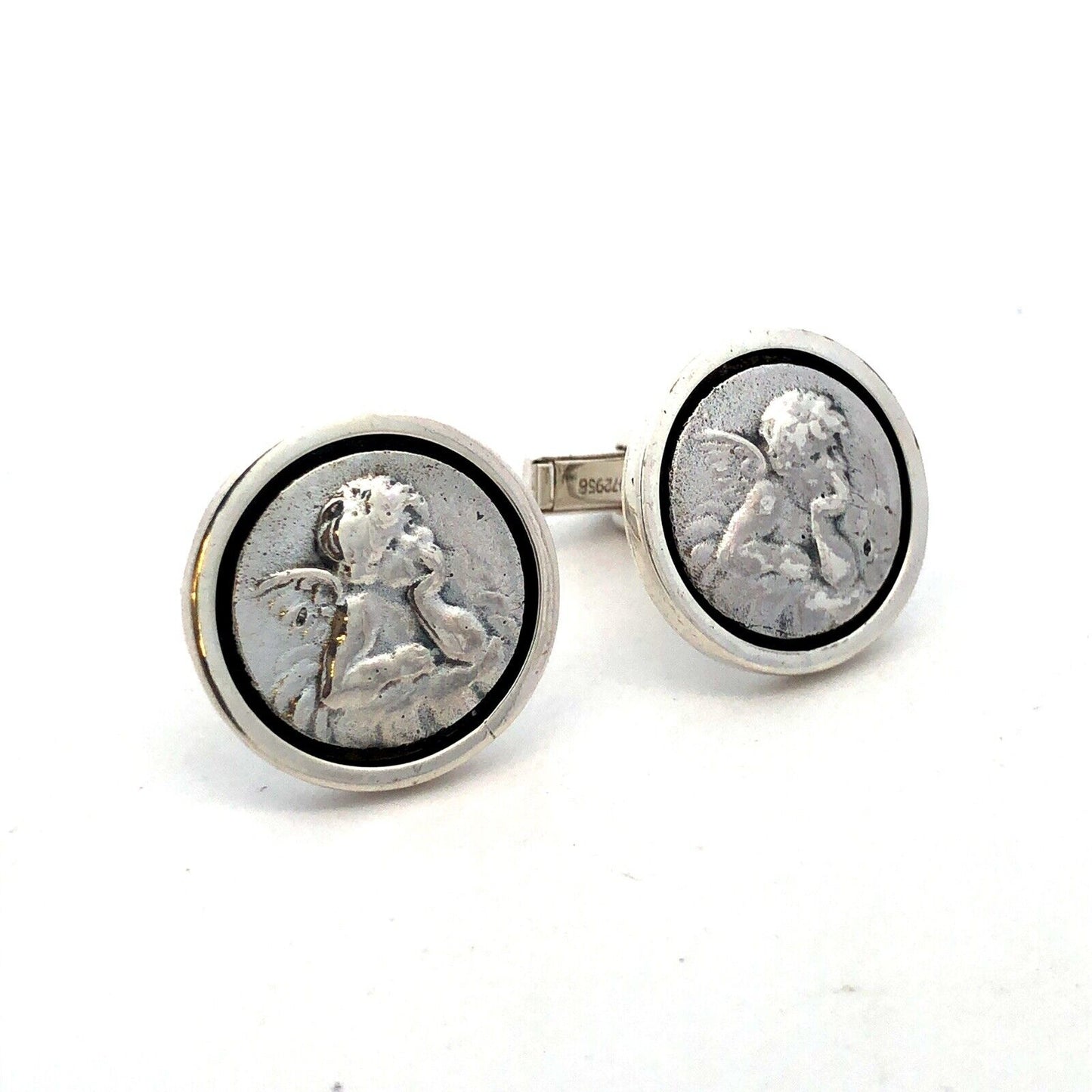 925 Sterling Silver Designer Round Cherub Angel Cufflinks