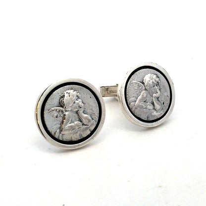 925 Sterling Silver Designer Round Cherub Angel Cufflinks