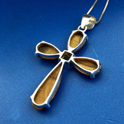 Designer GSJ Sterling Silver 925 Citrine Tigers Eye Cross Statement Necklace
