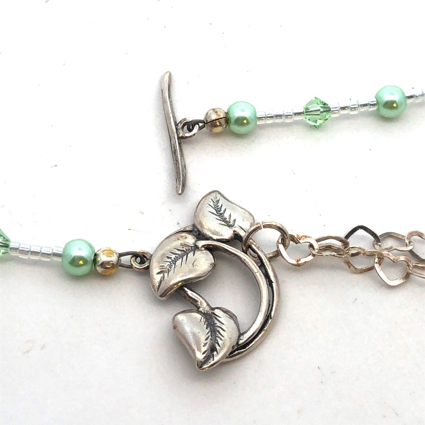 Vintage 925 Sterling Silver Green Crystal Faux Green Pearl Beaded Necklace