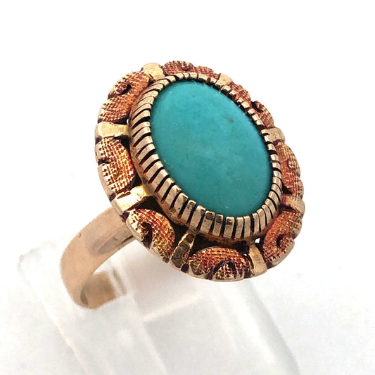 Retro 10K Yellow Rose Gold Oval Robins Egg Turquoise Statement Cocktail Ring