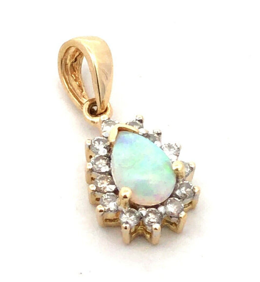 Designer EC 14K Yellow Gold Pear Cut White Opal Diamond Halo Pendant
