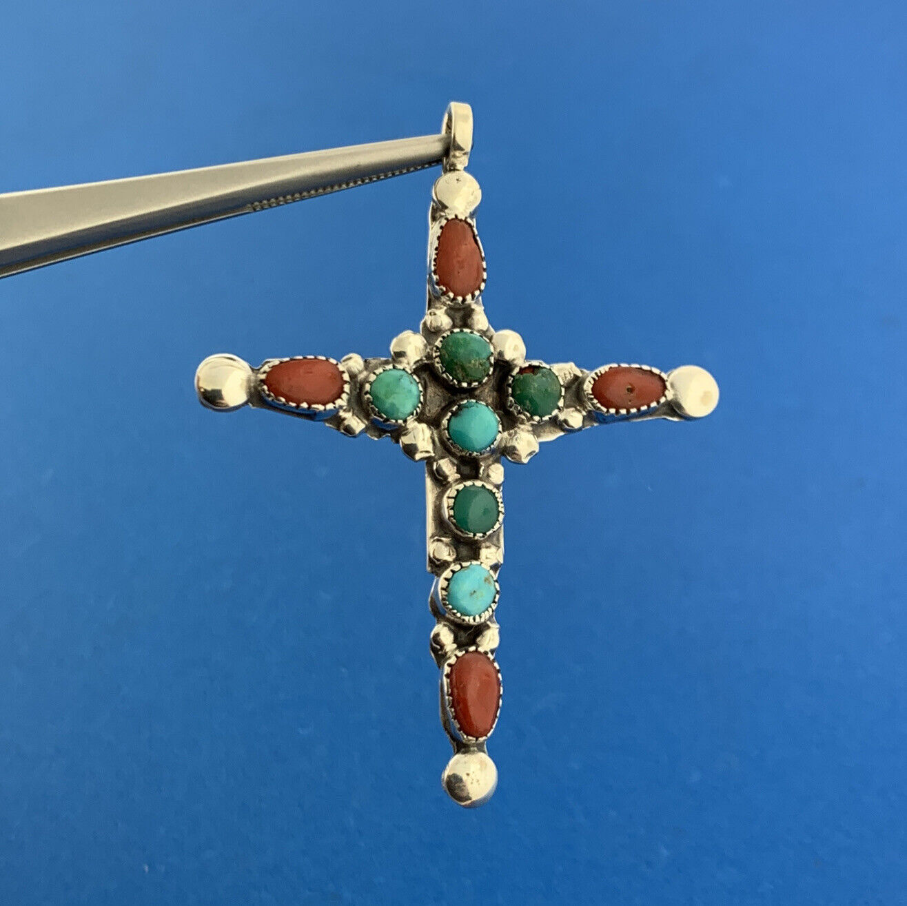Native American Artisan Signed 925 Sterling Silver Turquoise Coral Cross Pendant