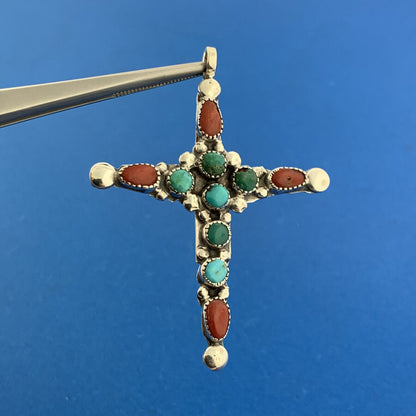 Native American Artisan Signed 925 Sterling Silver Turquoise Coral Cross Pendant