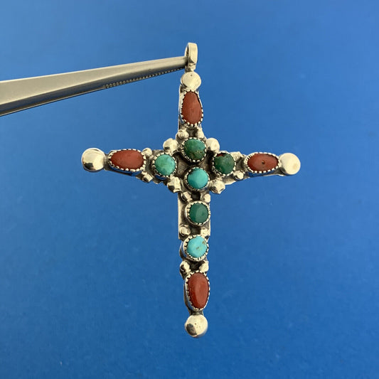 Native American Artisan Signed 925 Sterling Silver Turquoise Coral Cross Pendant