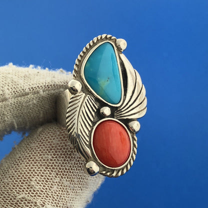 Carolyn Pollack Relios 925 Sterling Silver Turquoise Coral Squash Blossom Ring