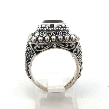 Designer Sarda 925 Sterling Silver Smoky Topa Filigree Square Statement Ring