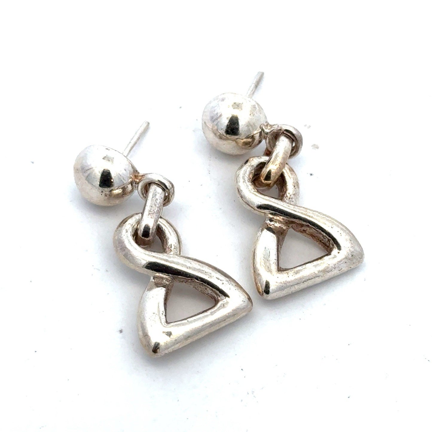 Estate 925 Sterling Silver Modernist Polished Twist Triangle Drop Post Earrings