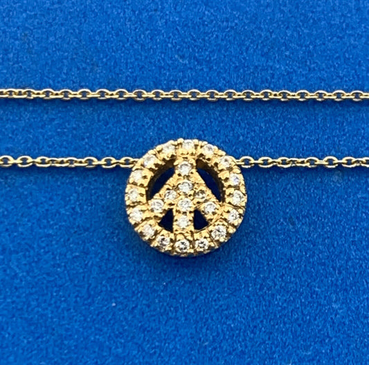 Designer Italy 18K Yellow Gold Diamond Peace Sign Necklace
