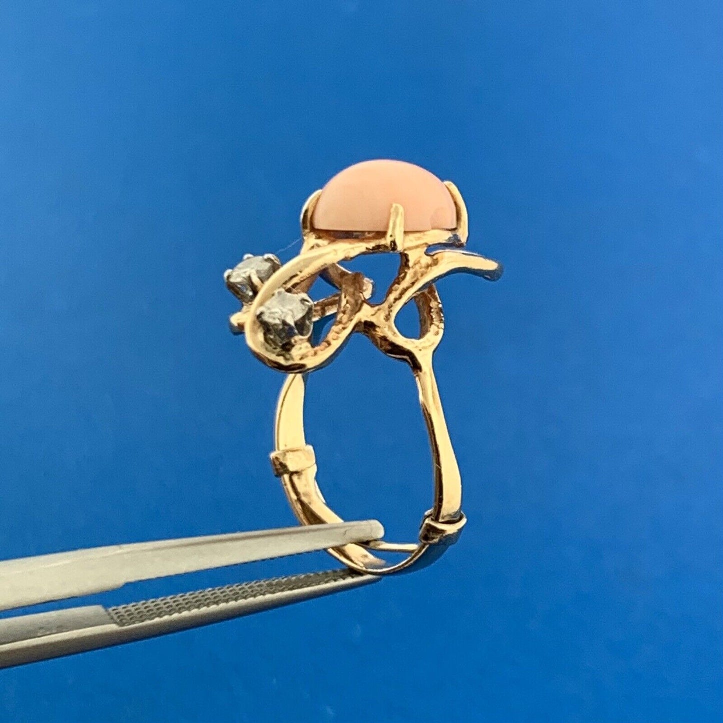 Modernist 14K Yellow Gold Pink Coral Diamond Accented Free Form Artisan Ring