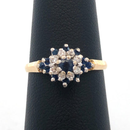 Vintage 14K Yellow White Gold Sapphire Diamond Star Flower Cluster Cocktail Ring