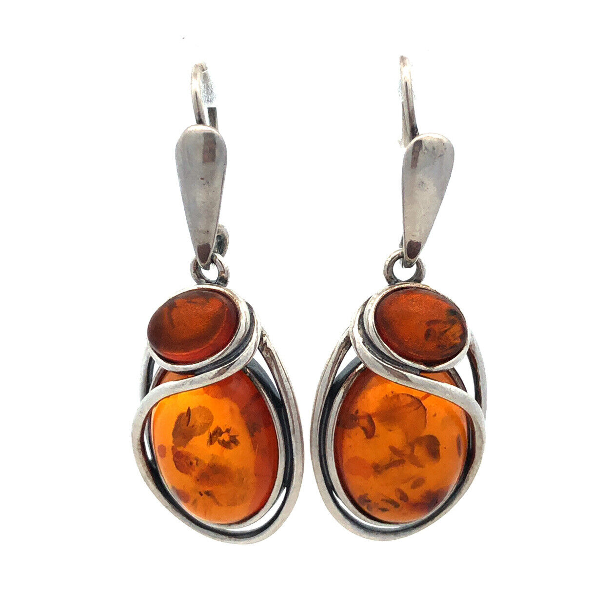 Estate Vintage 925 Sterling Silver Amber Cabochon Modernist Dangle Drop Earrings
