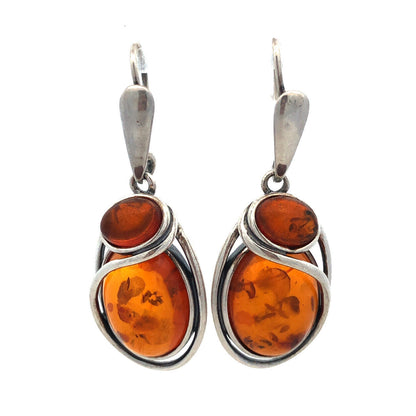 Estate Vintage 925 Sterling Silver Amber Cabochon Modernist Dangle Drop Earrings