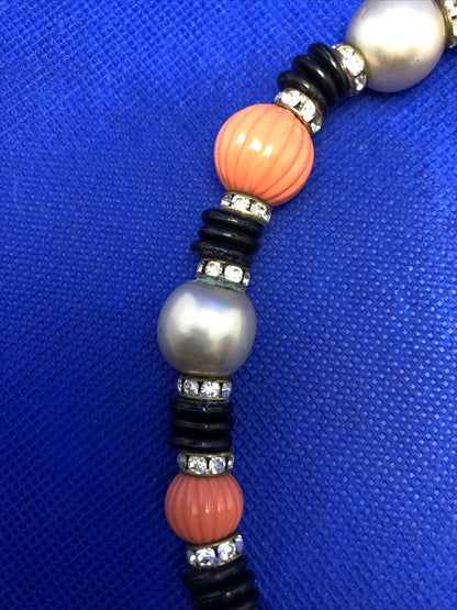 1970's Faux Pearl Onyx Coral Rhinestone Beaded Statement Necklace