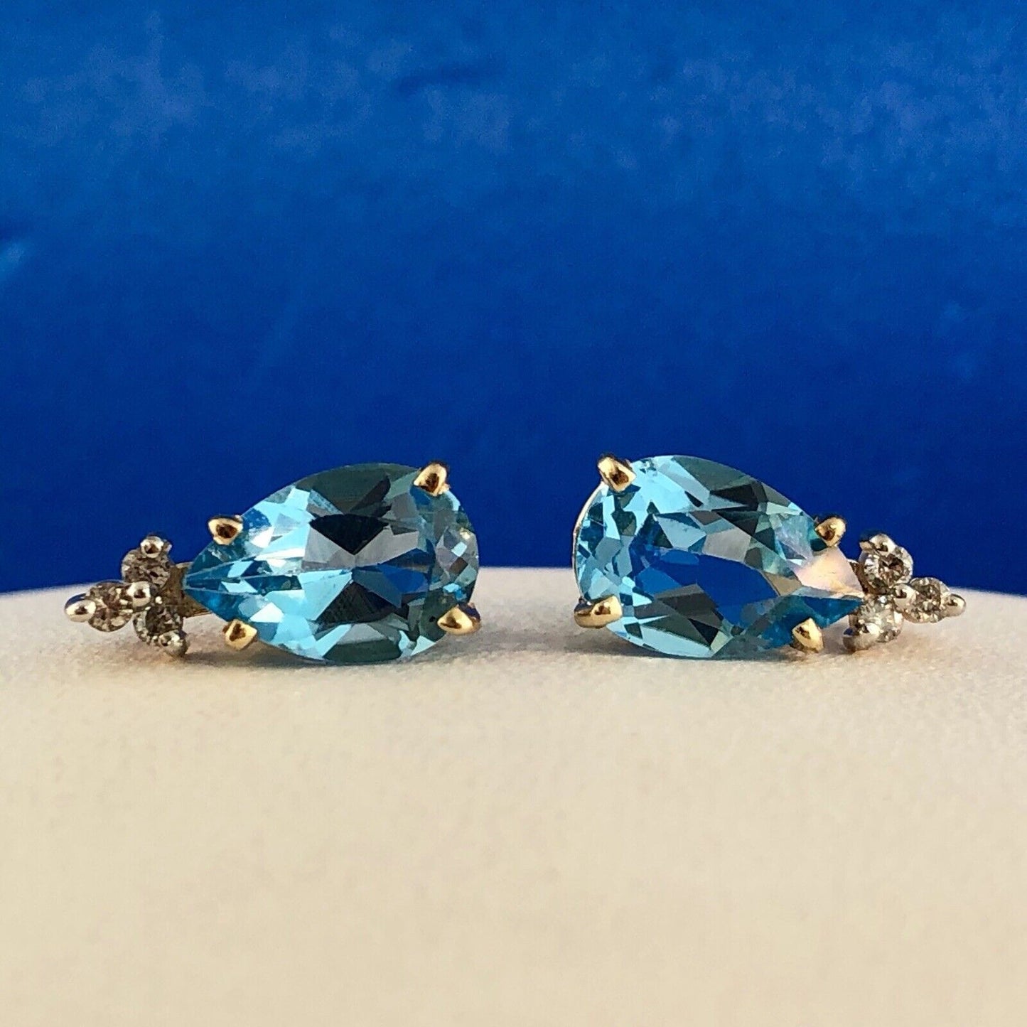 14K Yellow Gold Swiss Blue Topaz Diamond December Anniversary Pear Stud Earrings