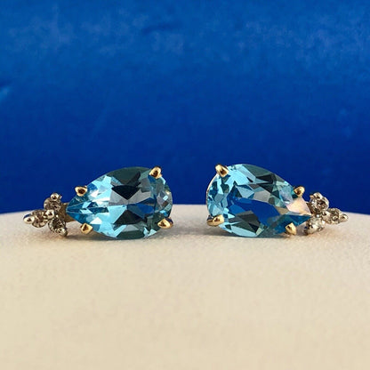 14K Yellow Gold Swiss Blue Topaz Diamond December Anniversary Pear Stud Earrings
