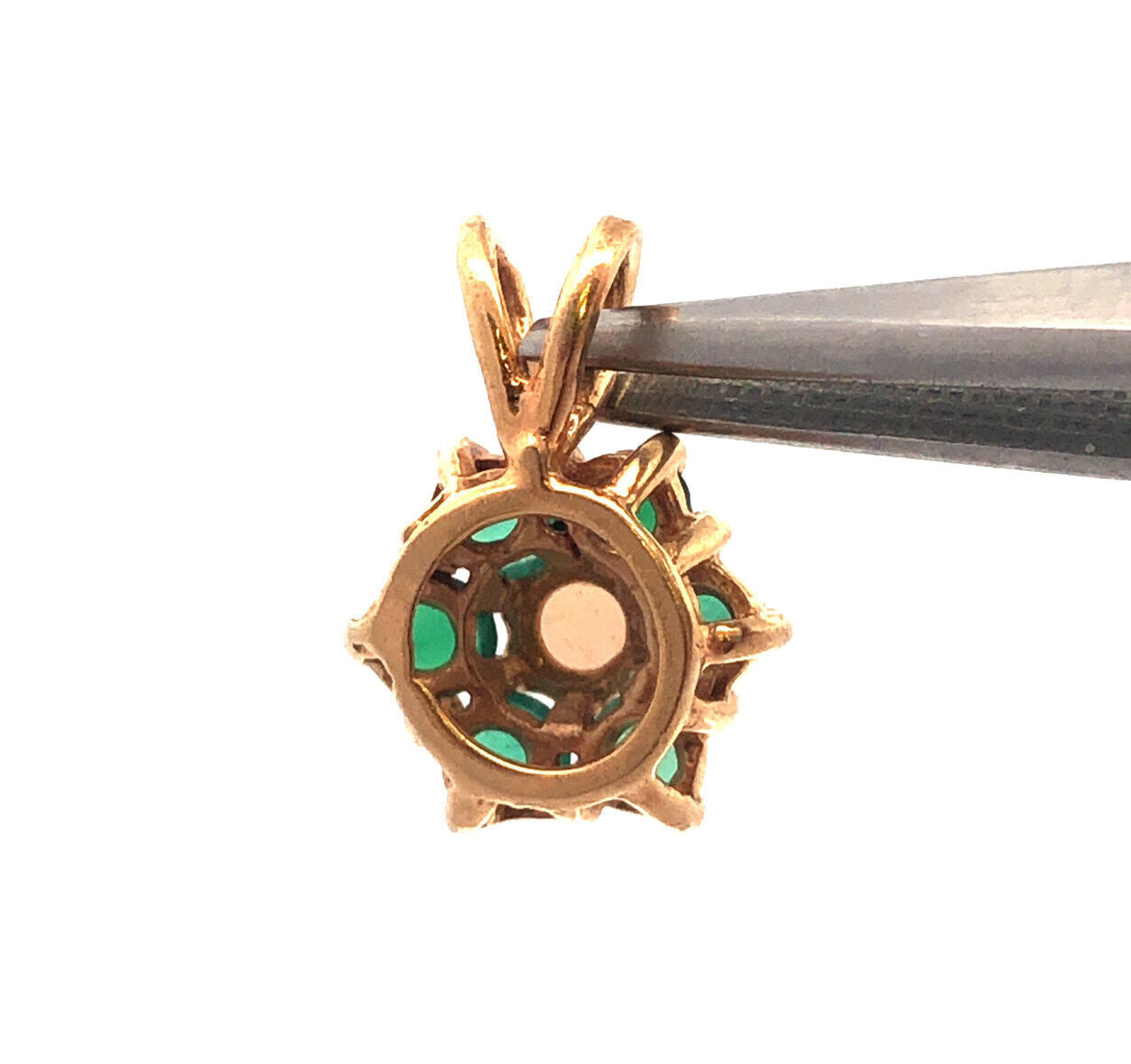 Gorgeous 14k Yellow Gold White Opal Round Cut Emerald Floral Cluster Pendant