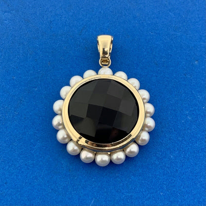 14K Yellow Gold Faceted Black Onyx Pearl Halo Statement Enhancer Pendant
