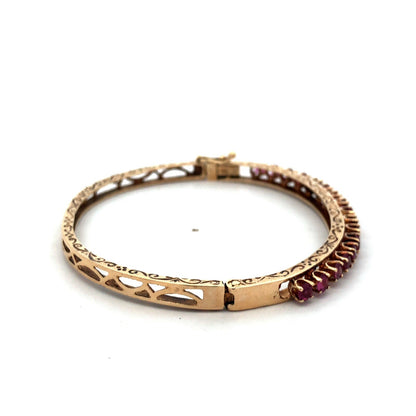Vintage 14K Yellow Gold Round Ruby Open Scroll Hinged Cuff Bangle Bracelet