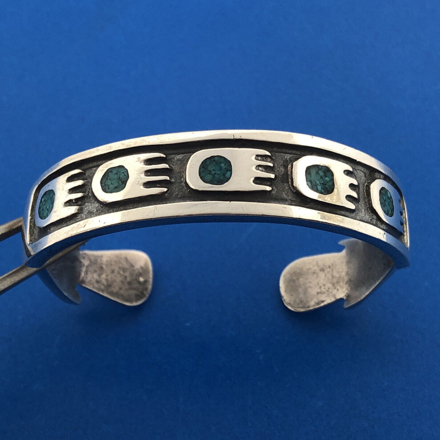 Old Pawn Native American 925 Sterling Silver Turquoise Inlay Bear Claw Bracelet