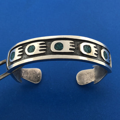 Old Pawn Native American 925 Sterling Silver Turquoise Inlay Bear Claw Bracelet