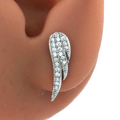 925 Sterling Silver Round Cubic Zirconia CZ Pave Angel Wing Stud Earrings