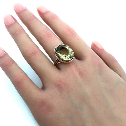 Vintage Siffari 14K Yellow Gold Oval Green Amethyst Solitaire Cocktail Ring