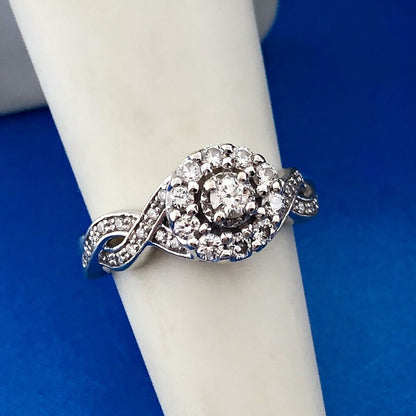 14K White Gold Natural Diamond Solitaire Halo Accent Engagement Anniversary Ring