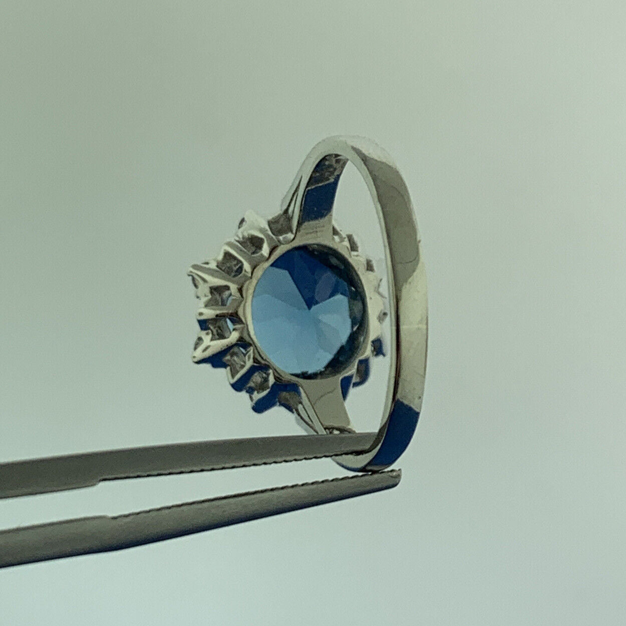 Designer 10K White Gold Blue Topaz Solitaire White Topaz Halo Anniversary Ring