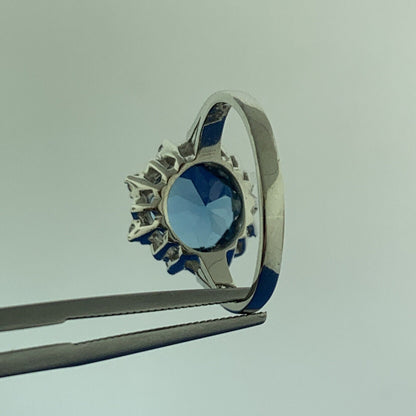 Designer 10K White Gold Blue Topaz Solitaire White Topaz Halo Anniversary Ring