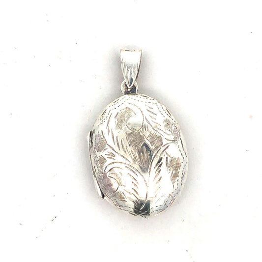 Vintage 925 Sterling Silver Etched Vine Filigree Oval Picture Locket Pendant