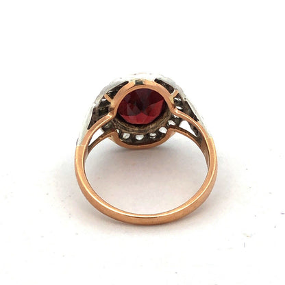 Vintage 18K Yellow Gold Oval Red Garnet Bezel Diamond Halo Cocktail Ring