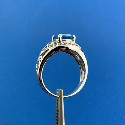 Designer 925 Sterling Silver Aqua Oval Cubic Zirconia White CZ Accent Ring