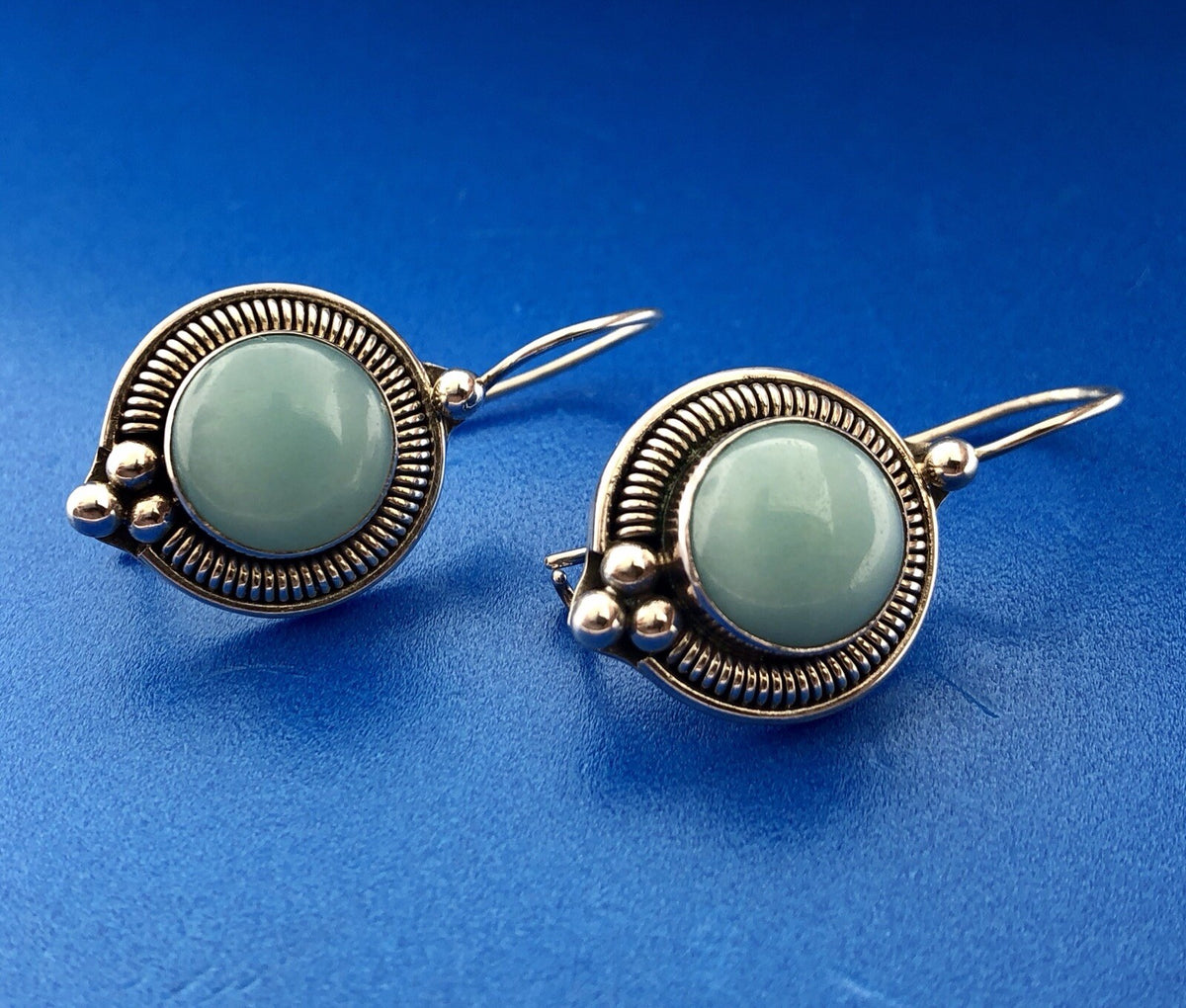 Designer BA Sterling Silver 925 Blue Aventurine Bead Scroll Hook Drop Earrings