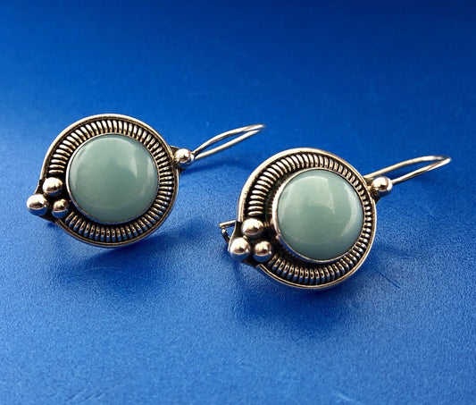 Designer BA Sterling Silver 925 Blue Aventurine Bead Scroll Hook Drop Earrings